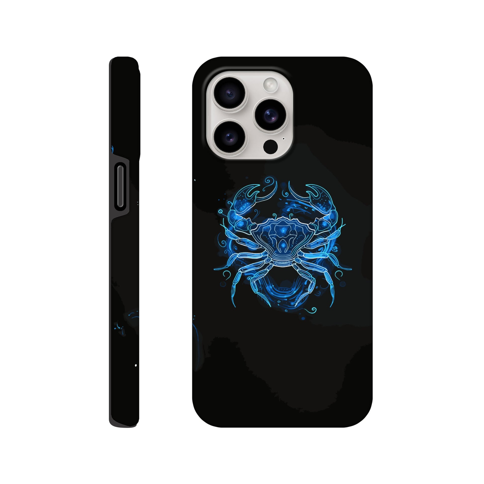 An Apple iPhone 15 Pro Max Phone Case with the following design - A simple white line drawing of the symbol for Cancer-a Crab, with blue outlines on black background. The design is minimalistic and elegant, focusing only on basic shapes to represent the zodiac sign's symbolism in astrology. It has an art deco style that highlights its curves and swirls, creating a sense of motion or energy within each curve.