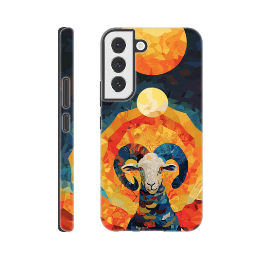 A Samsung Galaxy S22 Phone Case with the following design on it - A Ram is facing towards you. There is a large Sun above the Ram even though it appears to be nighttime and a small moon as well, the style is art nouveau with very vibrant primary colors.