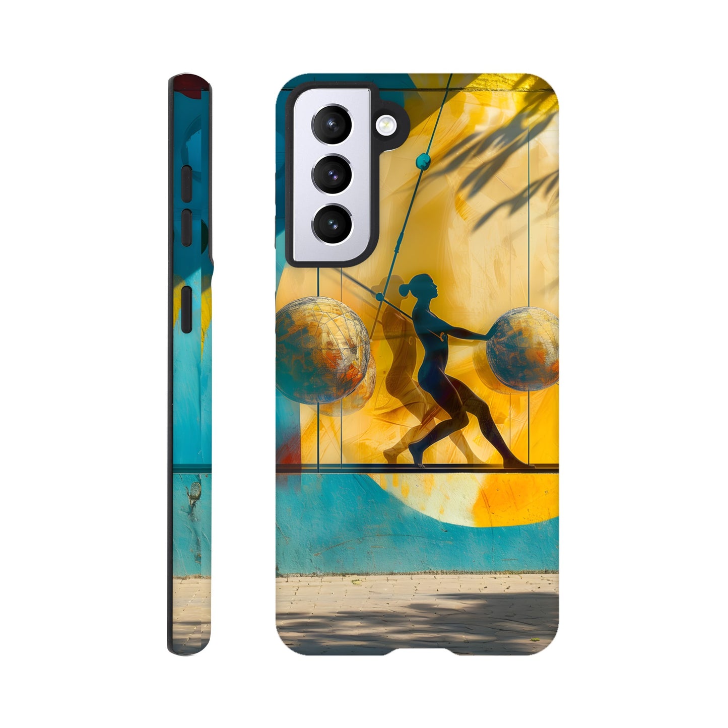 A Samsung Galaxy S21 Phone Case with the following design on it: A colorful mural depicting the figure of a Female athlete with two circles and three spheres in yellow, blue, and red colors, painted on concrete walls. A woman is running between them while holding another sphere in her hand. The shadows cast by palm trees create dynamic patterns that highlight details like dots and lines, adding depth to the scene