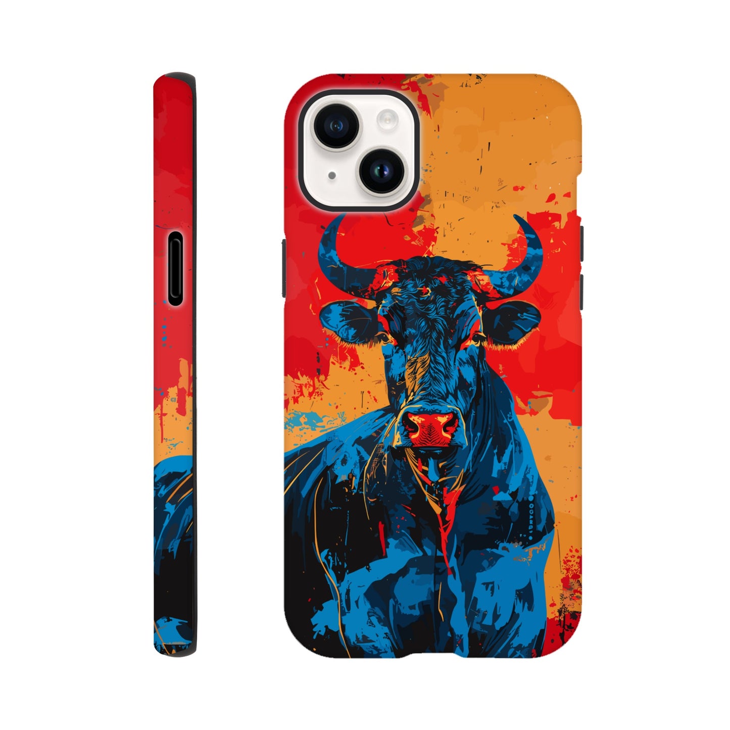 An Apple iPhone 14 Plus Phone Case with the following design on it: Abstract blue bull on a red background in the style of urban graffiti, the Bull is the symbol for the astrological sign of Taurus, flat painting with brush strokes, strong color contrast in the style of urban street art, cool and confident expression of the blue ox with an eye-catching label and strong visual impact