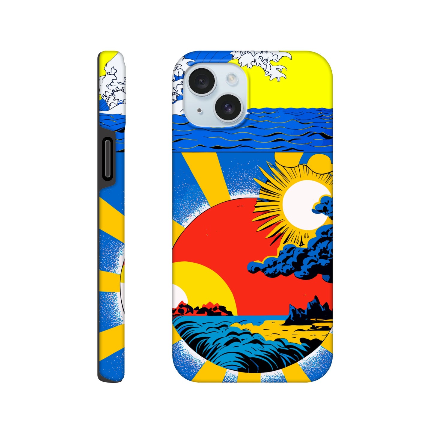 An Apple iPhone 15 Plus Phone Case with the following design on it: sun and clouds, blue sky with yellow rays of light, sun setting in the background, in the style of a Japanese illustration, blue sea wave on top left corner, red circle below centered, blue storm clouds inside red dot, colorful poster print style