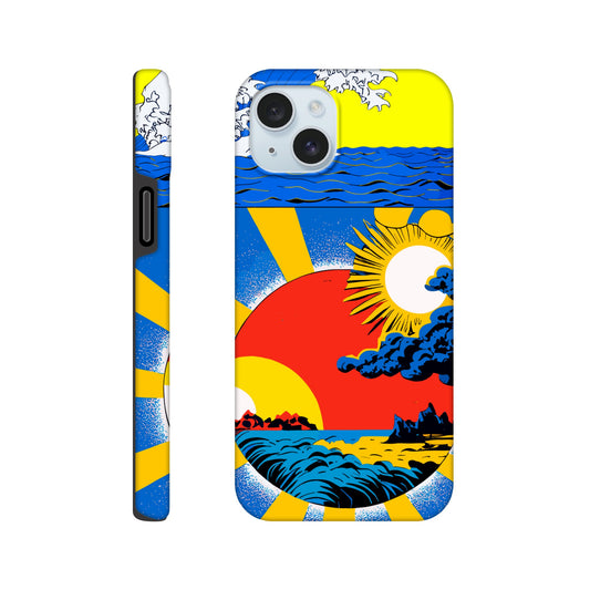 An Apple iPhone 15 Plus Phone Case with the following design on it: sun and clouds, blue sky with yellow rays of light, sun setting in the background, in the style of a Japanese illustration, blue sea wave on top left corner, red circle below centered, blue storm clouds inside red dot, colorful poster print style