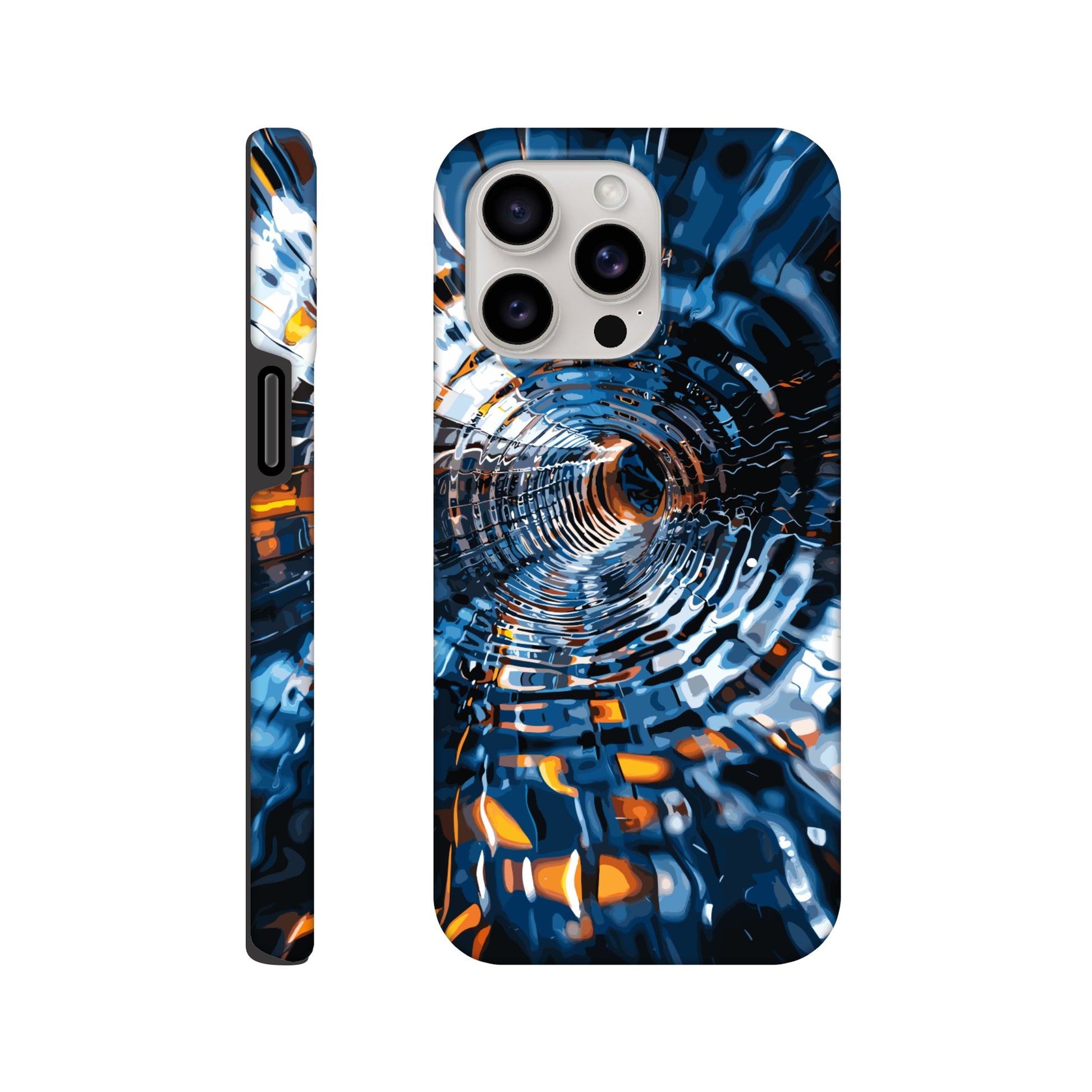 An Apple iPhone 15 Pro Max Phone Case with the following design on it: abstract futuristic tunnel made of chrome and glass, motion blur, dark blue background, orange highlights. The tunnel was created in the style of an abstract futuristic design using chrome and glass with a motion blur effect against a dark blue background highlighted with orange