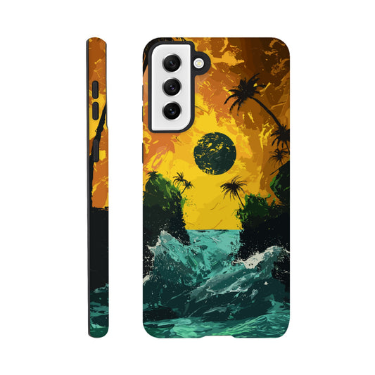 A Samsung Galaxy S21 Plus Phone Case with the following design on it - Two green islands separated by a violent royal green sea: yellow orangish sky: black sun, alien looking palm trees, surrealism