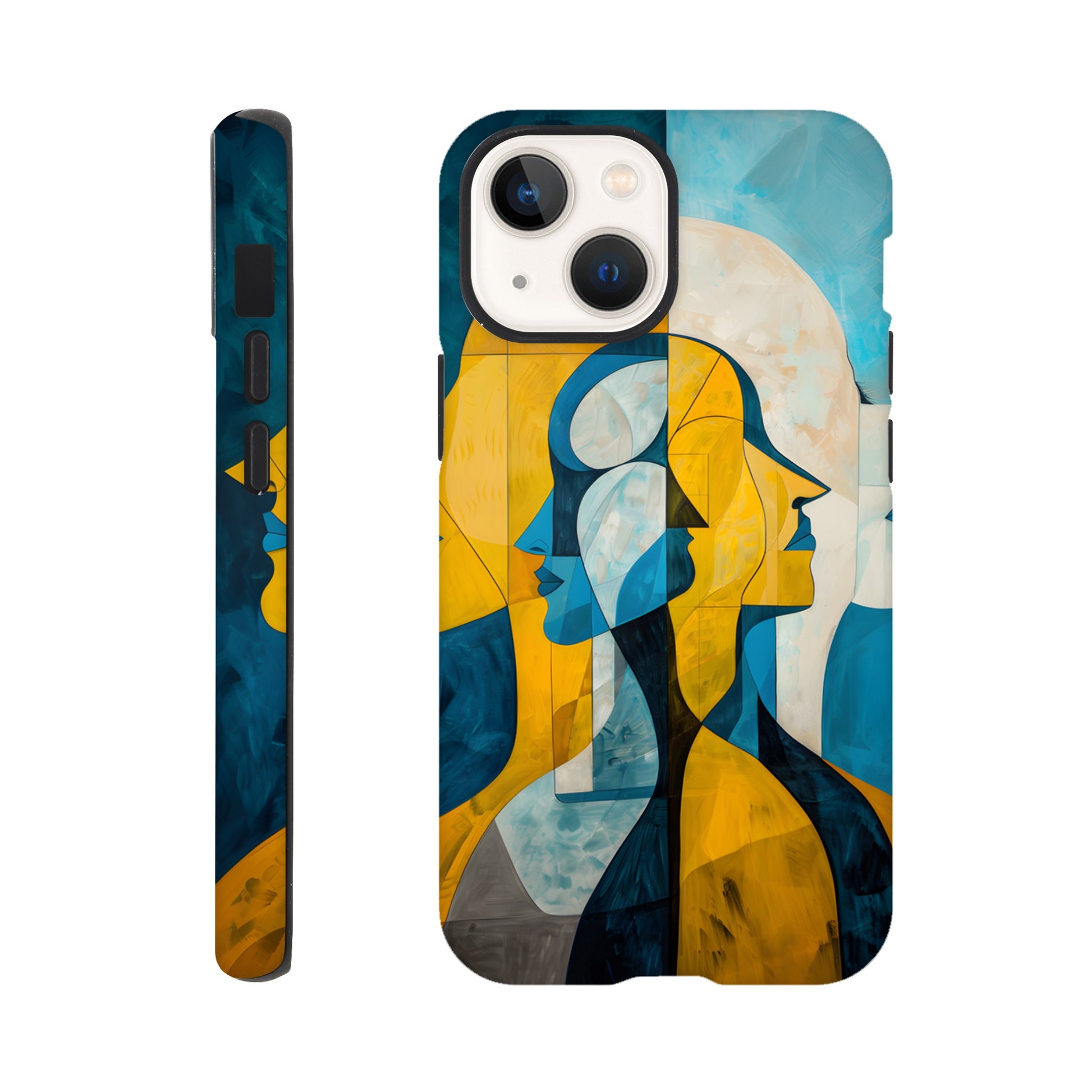 An Apple iPhone 13 Mini Phone Case with the following design on it - the Gemini Astrological sign depicting twins facing away from one another, the twins are of no specific sexual or ethnic orientation, yellow, baby blue, white, cubism