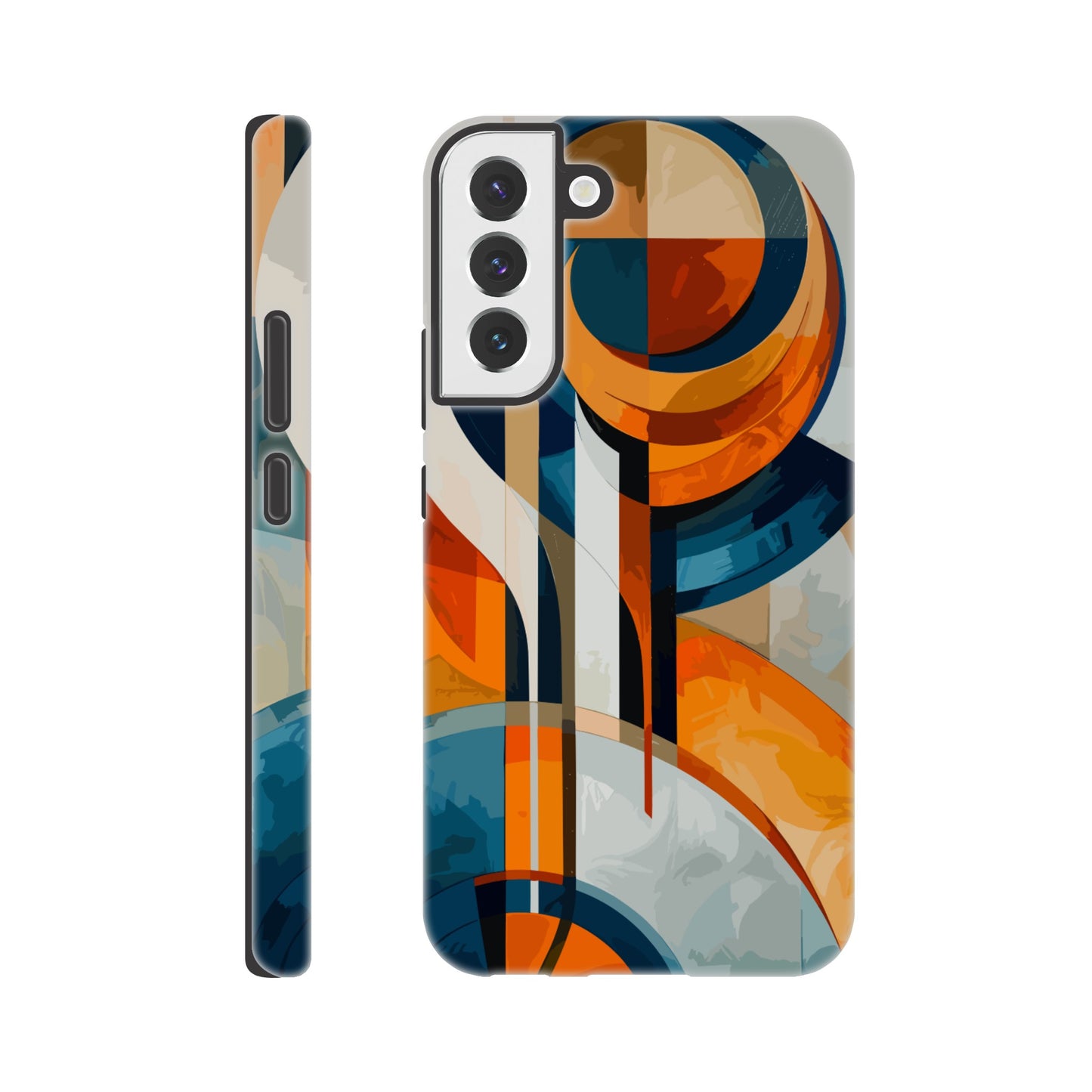 A Samsung Galaxy S22 Plus Phone Case with the following design on it: An abstract painting of an orange, blue and white circular design with lines in the style of cubism. The shapes create visual harmony by creating balance between soft curves and sharp angles. It uses flat color to give depth through gradients. There is an emphasis on the use of light and shadow. In some places there's an airbrush effect.