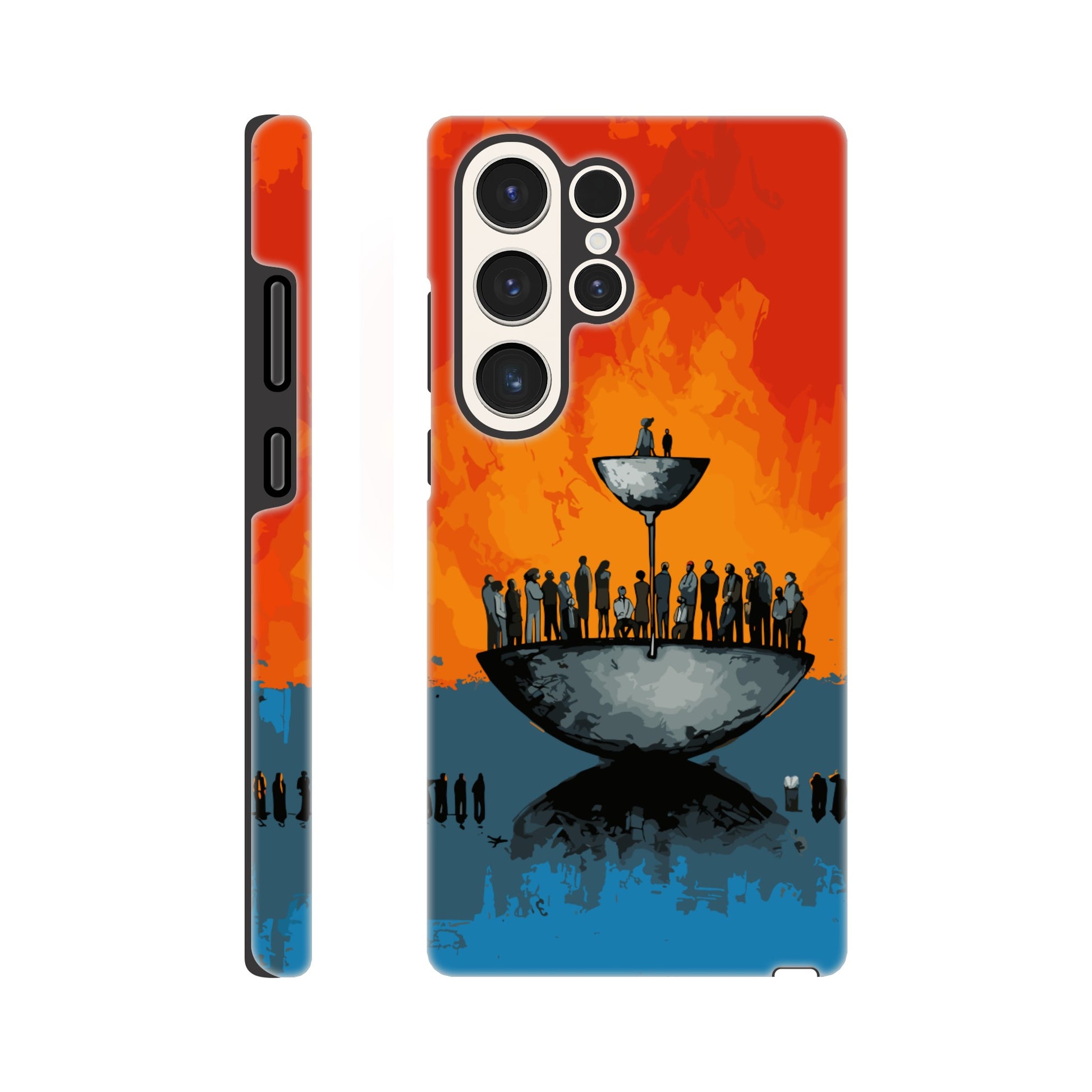 A Samsung Galaxy S23 Ultra Phone Case with the following design on it - A large person is sitting in a bowl of a weighing scale. There is a larger bowl beneath this with lots of people in it. Income Inequality is theme, pop art, blue, orange, black, and red