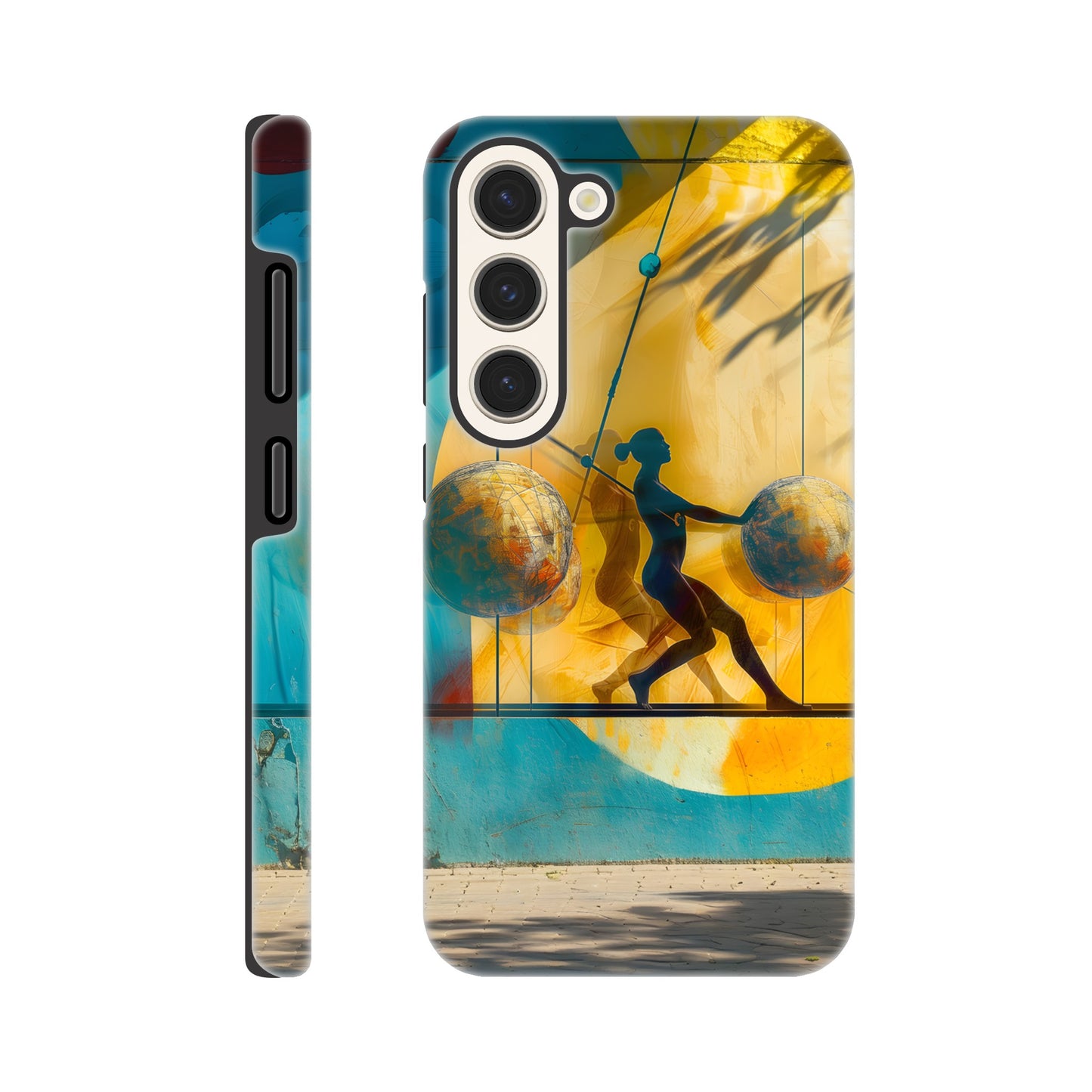 A Samsung Galaxy S23 Phone Case with the following design on it: A colorful mural depicting the figure of a Female athlete with two circles and three spheres in yellow, blue, and red colors, painted on concrete walls. A woman is running between them while holding another sphere in her hand. The shadows cast by palm trees create dynamic patterns that highlight details like dots and lines, adding depth to the scene