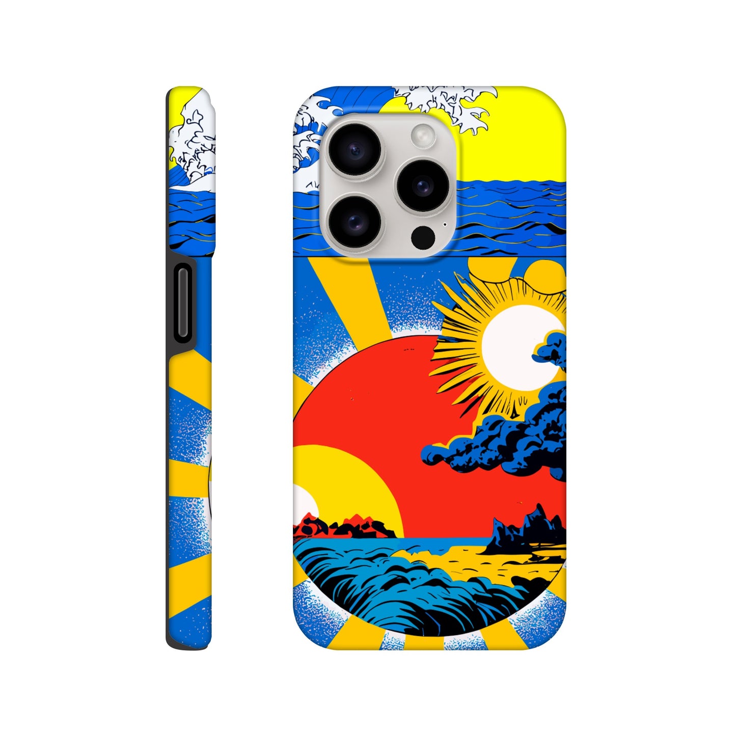 An Apple iPhone 15 Pro Phone Case with the following design on it: sun and clouds, blue sky with yellow rays of light, sun setting in the background, in the style of a Japanese illustration, blue sea wave on top left corner, red circle below centered, blue storm clouds inside red dot, colorful poster print style