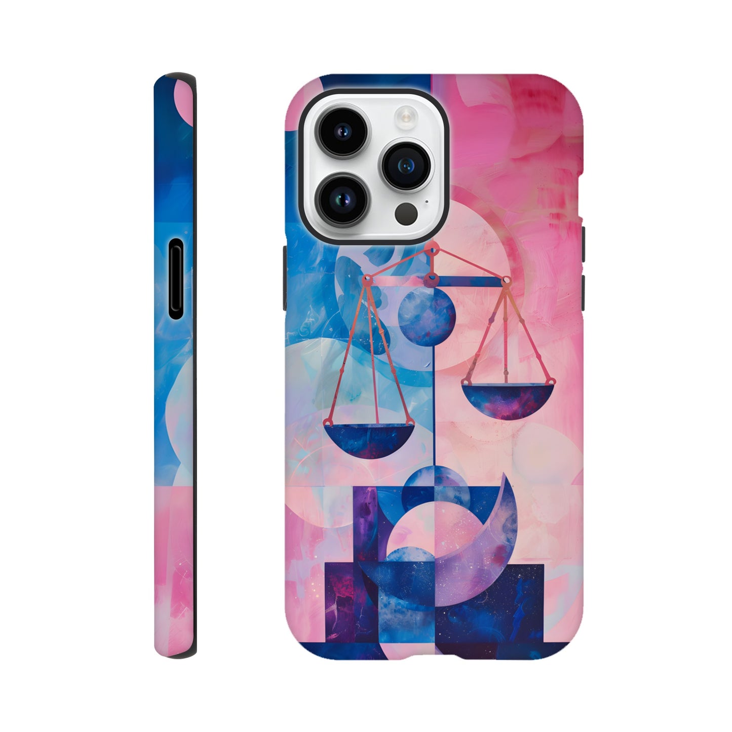 An Apple iPhone 14 Pro Max Phone Case with the following design on it : The Zodiac symbol for Libra, scales of justice theme, planet Venus in the background, Bauhaus style, royal blue, light pink