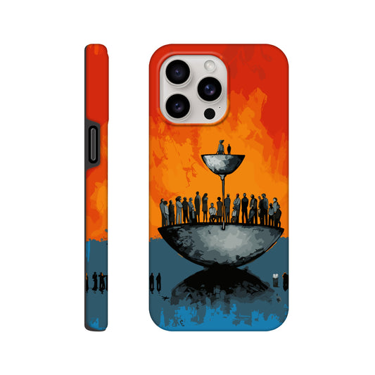 An Apple iPhone 15 Pro Max Phone Case with the following design on it - A large person is sitting in a bowl of a weighing scale. There is a larger bowl beneath this with lots of people in it. Income Inequality is theme, pop art, blue, orange, black, and red