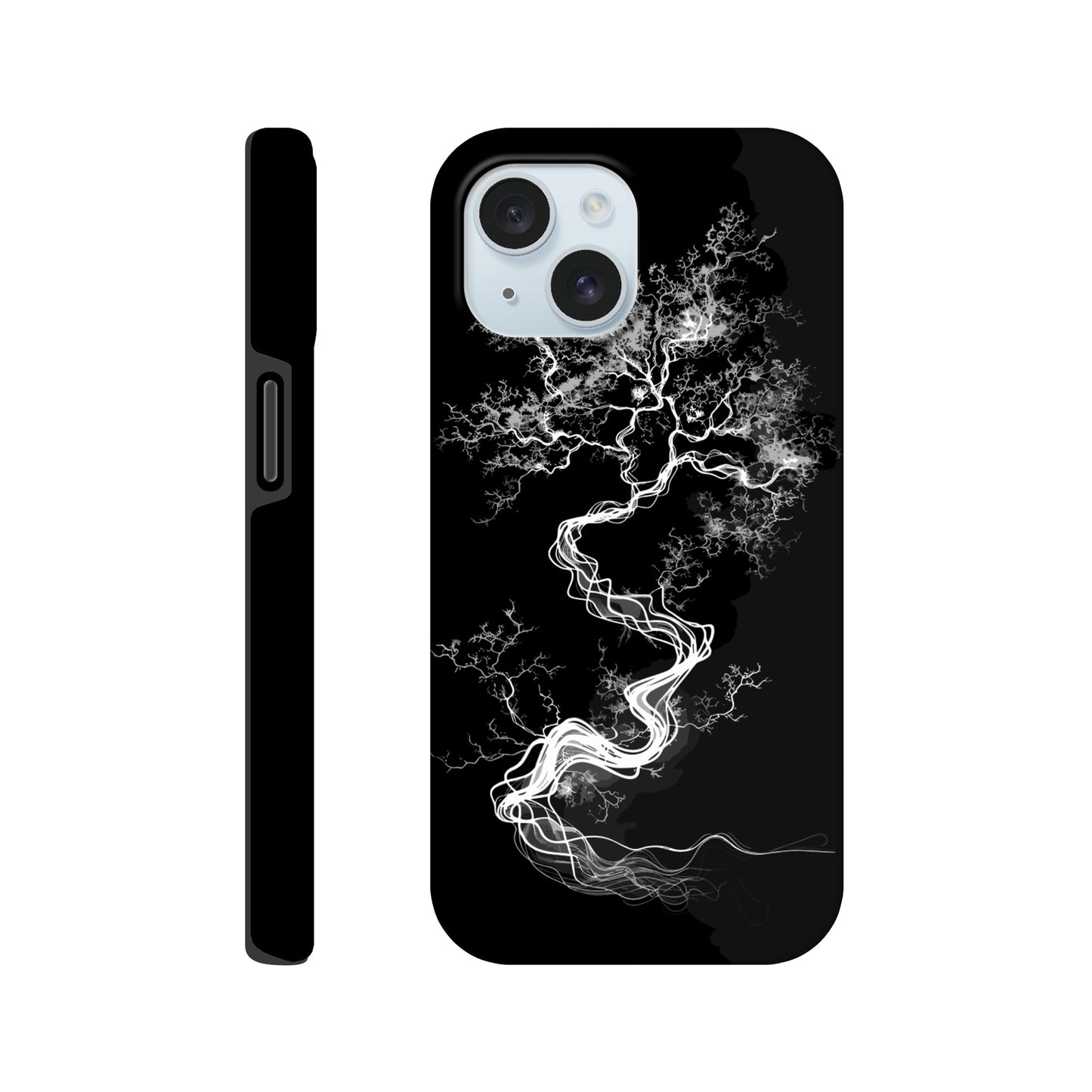 An Apple iPhone 15 Phone Case with the following design on it - a sketch of a white fractal tree against a black background