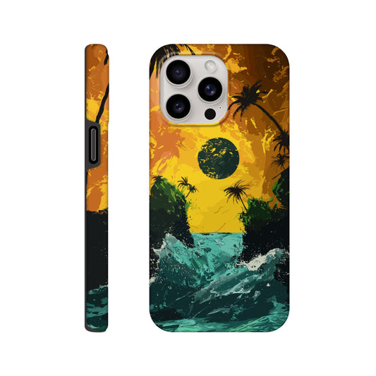 An Apple iPhone 15 Pro Max Phone Case with the following design on it - Two green islands separated by a violent royal green sea: yellow orangish sky: black sun, alien looking palm trees, surrealism