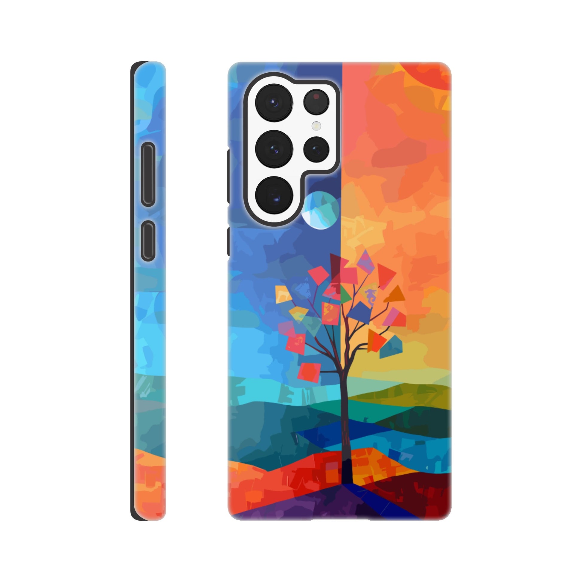 A Samsung Galaxy S22 Ultra Phone Case with the following design on it : A landscape with two distinct color blocks representing day and night, featuring the sun on one side and the moonlight on the other, with a tree in between, depicted as geometric shapes and colors in the style of abstract art, with vibrant and contrasting colors, a modern digital painting