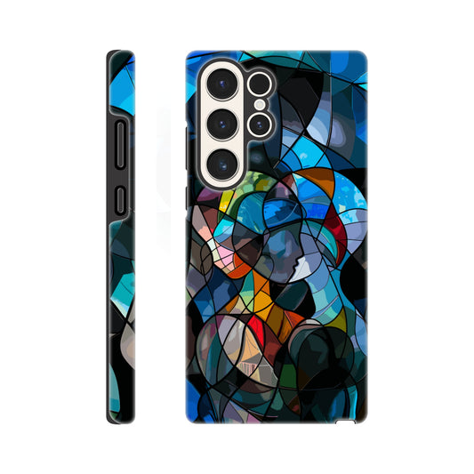 A Samsung Galaxy S23 Ultra Phone Case with the following design: stained glass window of two people hugging, in the style of cubism, abstract shapes and lines, vibrant colors, dark background, hyper realistic 