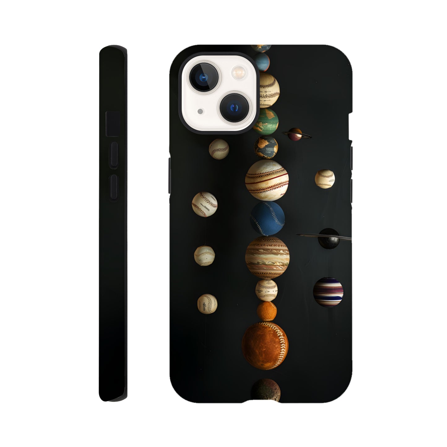 An Apple iPhone 13 phone case with a design depicting our solar system with baseballs in place of planets