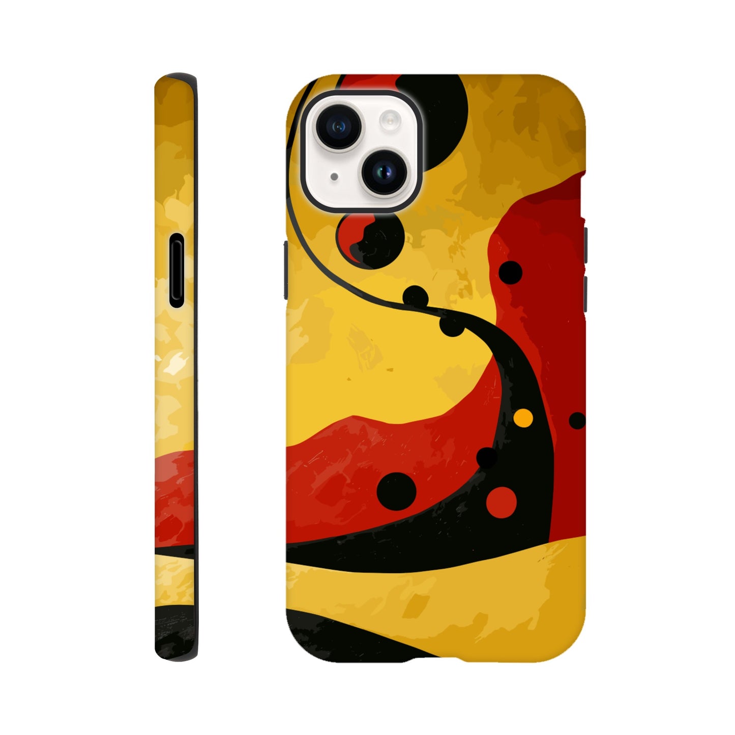 An Apple iPhone 14 Plus Phone Case with the following design on it - Abstract painting of yellow, red and black dots on the wall in an art deco style. The background is a dark gradient from light to deep yellow. In the foreground there's a swirl with three circles that resemble multiple shapes within each other, giving it depth. It has organic curves but also geometric elements.