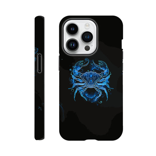 An Apple iPhone 14 Pro Phone Case with the following design - A simple white line drawing of the symbol for Cancer-a Crab, with blue outlines on black background. The design is minimalistic and elegant, focusing only on basic shapes to represent the zodiac sign's symbolism in astrology. It has an art deco style that highlights its curves and swirls, creating a sense of motion or energy within each curve.