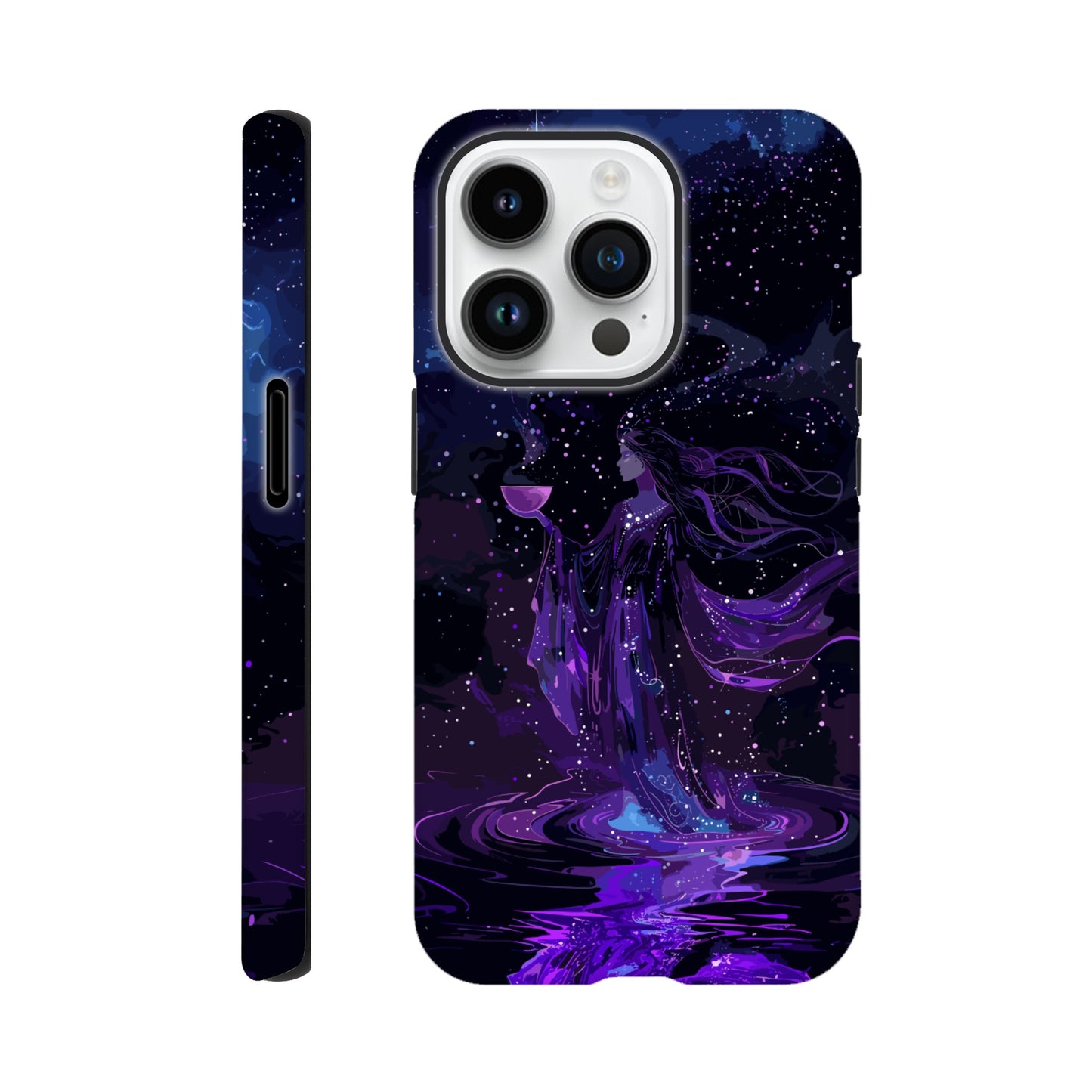 An Apple iPhone 14 Pro Phone Case with a design of the aquarius astrological zodiac symbol, purple, red, turquoise, 3d, pop art