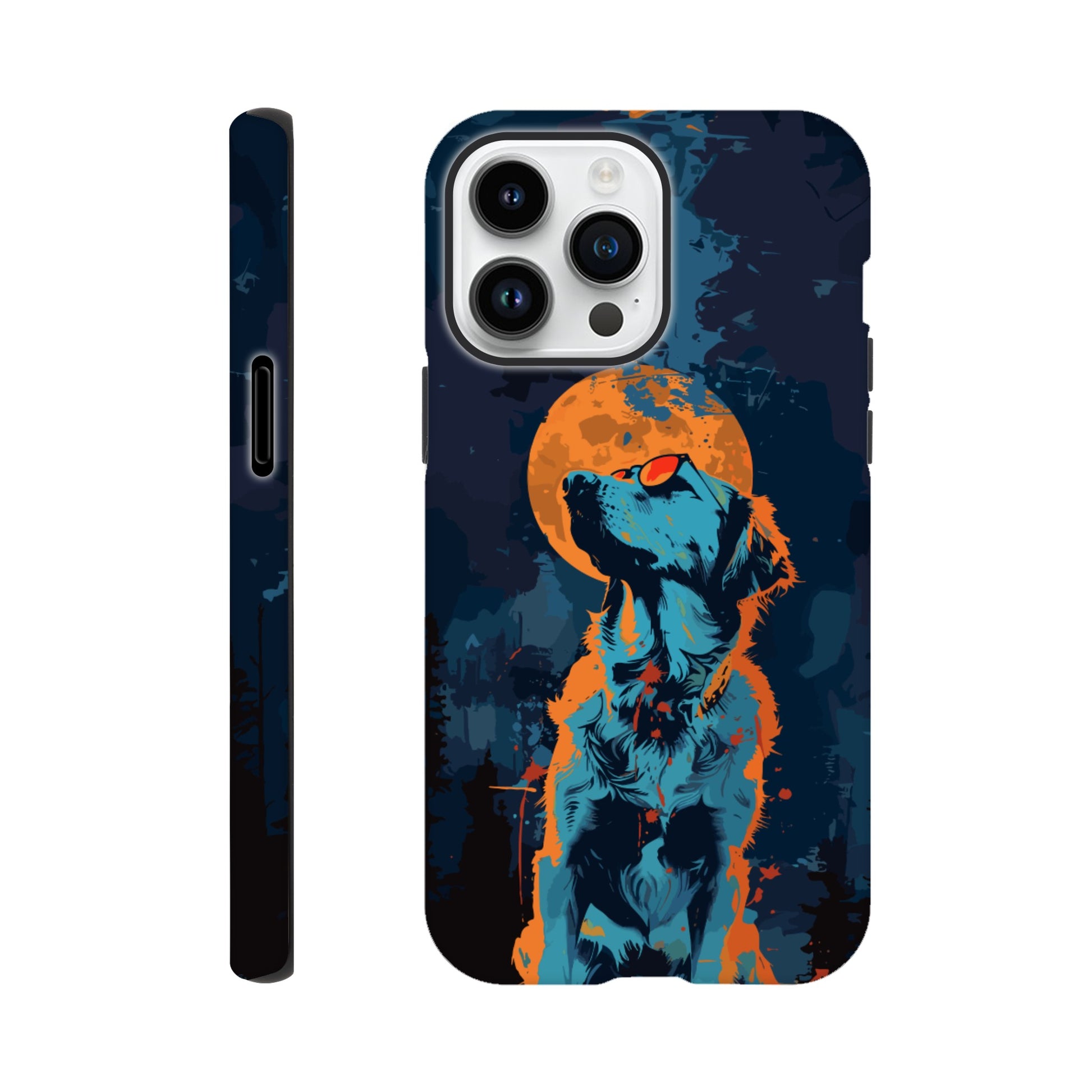 An Apple iPhone 14 Pro Max Phone Case with the following design on it - A golden retriever dog with the moon behind it in a blue and orange color scheme, a night forest background, flat vector art with dark blue and light amber colors, a cyberpunk aesthetic