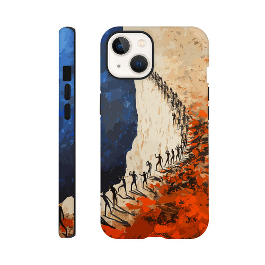 An Apple iPhone 13 Phone Case with the following design on it: a very large group of human forms all pointing in different directions as they are marching towards a cliff, royal blue, white, red, orange, style of fauvism