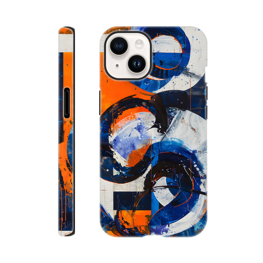 An Apple iPhone 14 Phone Case with the following design on it : An abstract painting of circles and squares in orange, blue and white, with an overall sense of movement and vitality. The background is collage-like, with elements such as textures, lines, stripes, scribbles and splashes of paint, along with irregular shapes