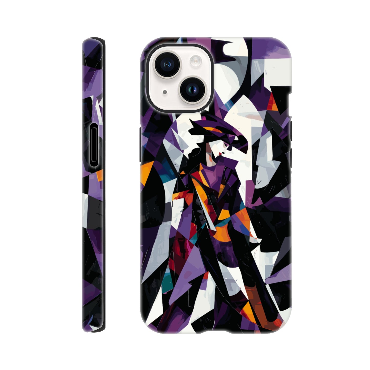 An Apple iPhone 14 Phone Case with the following design on it : geometric and abstract design of a figure with sharp angles and vibrant colors, primarily purple, black, white, and orange.