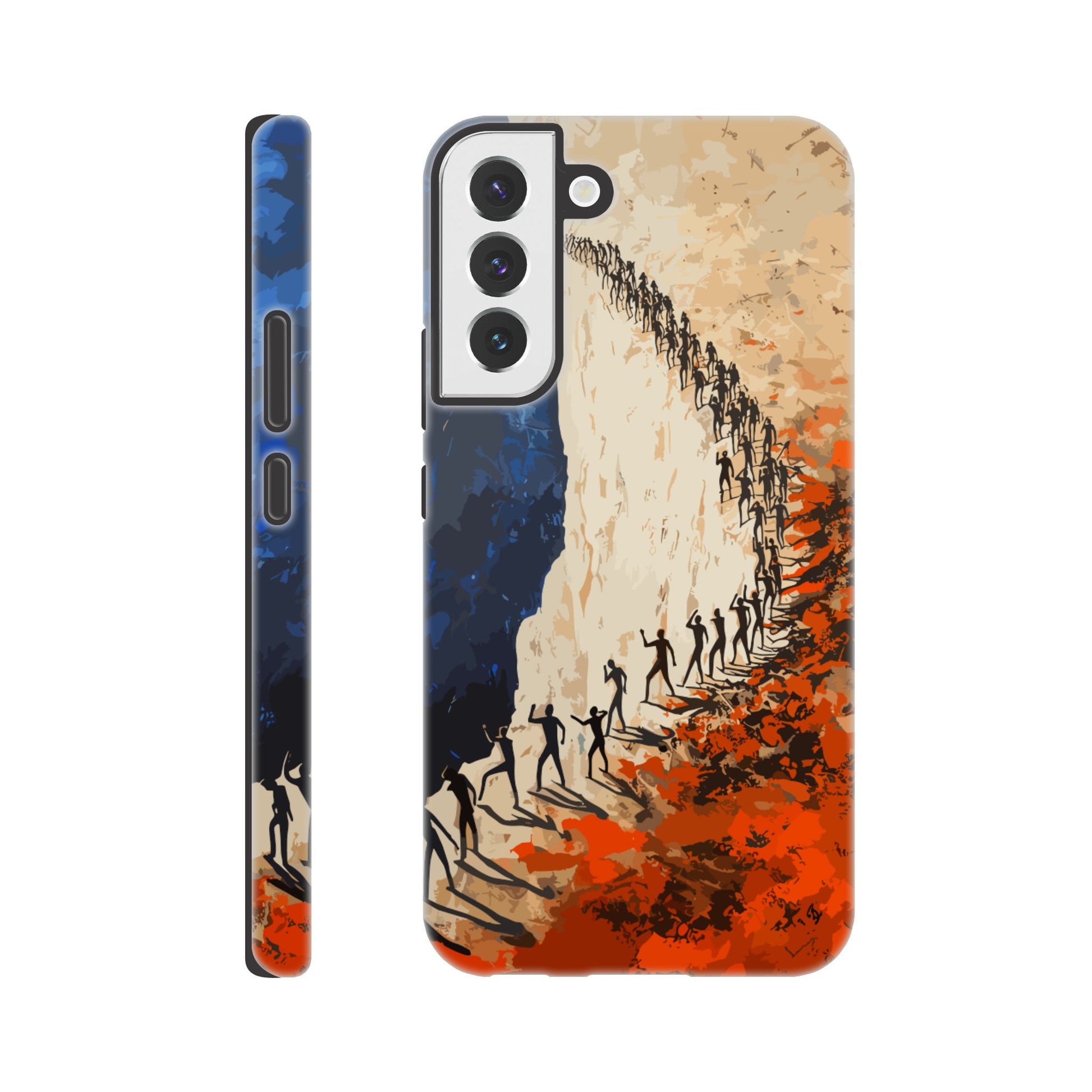 A Samsung Galaxy S22 Plus Phone Case with the following design on it: a very large group of human forms all pointing in different directions as they are marching towards a cliff, royal blue, white, red, orange, style of fauvism