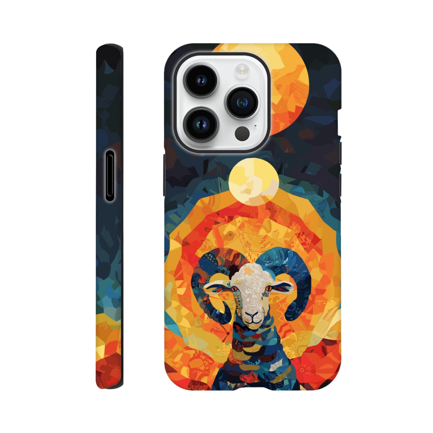 An Apple iPhone 14 Pro Phone Case with the following design on it - A Ram is facing towards you. There is a large Sun above the Ram even though it appears to be nighttime and a small moon as well, the style is art nouveau with very vibrant primary colors.