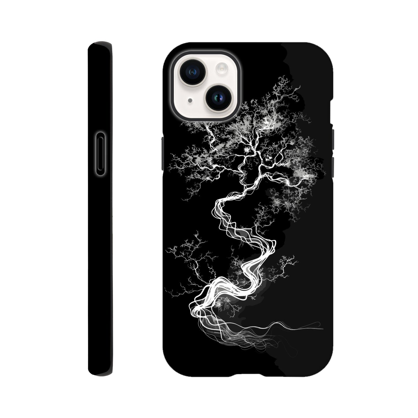 An Apple iPhone 14 Plus Phone Case with the following design on it - a sketch of a white fractal tree against a black background