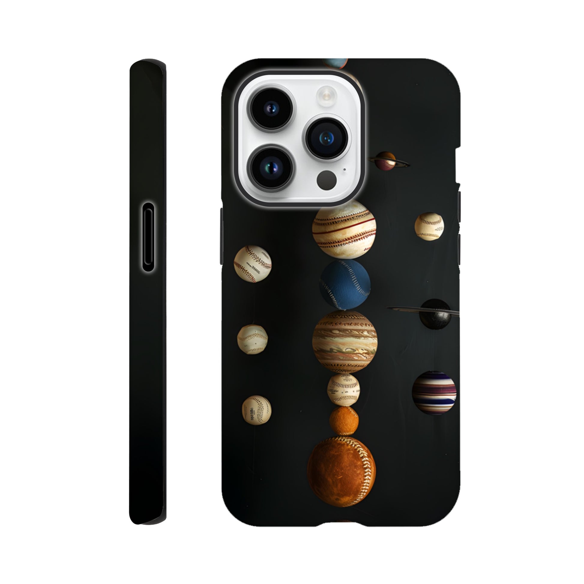 An Apple iPhone 14 Pro phone case with a design depicting our solar system with baseballs in place of planets