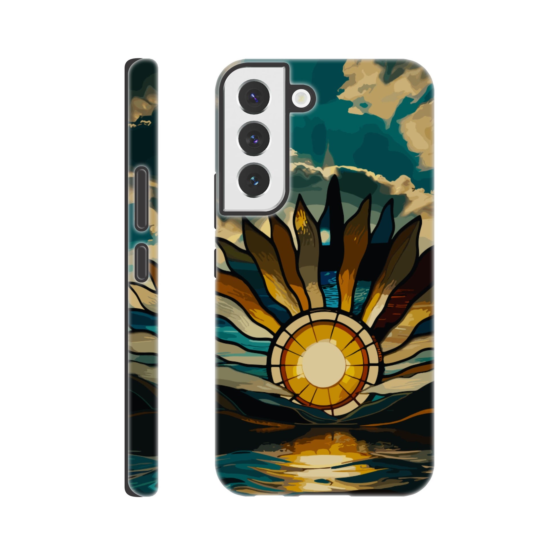 A Samsung Galaxy S22 Phone Case with the following design on it: A giant stained glass sun, with rays of light reflecting on the water below, in a cinematic, epic, fantasy art style