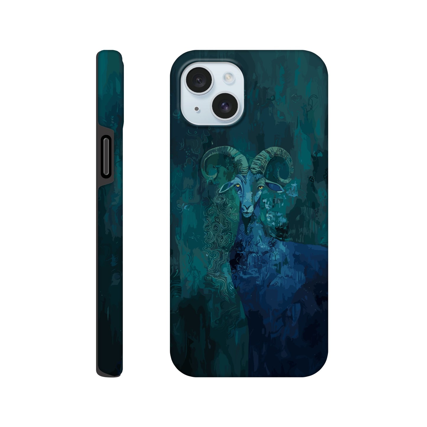 An Apple iPhone 15 Plus Phone Case with the following design on it - a Sea Goat, the symbol of the zodiac sign for Capricorn, fabric painting, dark green, indigo