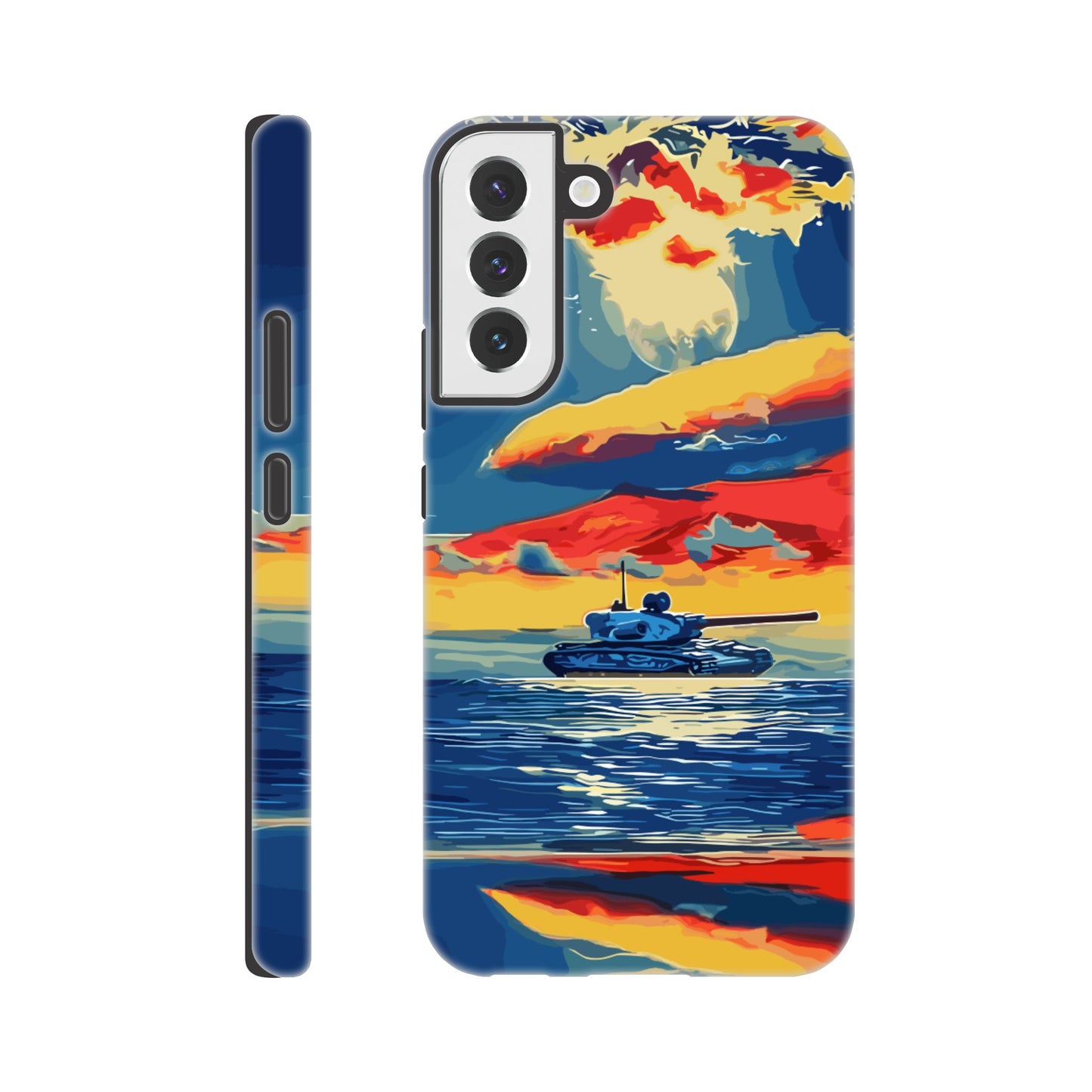 A Samsung Galaxy S22 Plus Phone Case with the following design on it : A tank is sailing on the sea, with colorful clouds in the sky and a sunset reflection on the water surface, the style of an oil painting. The main colors of red, blue, yellow and orange are presented in a flat illustration