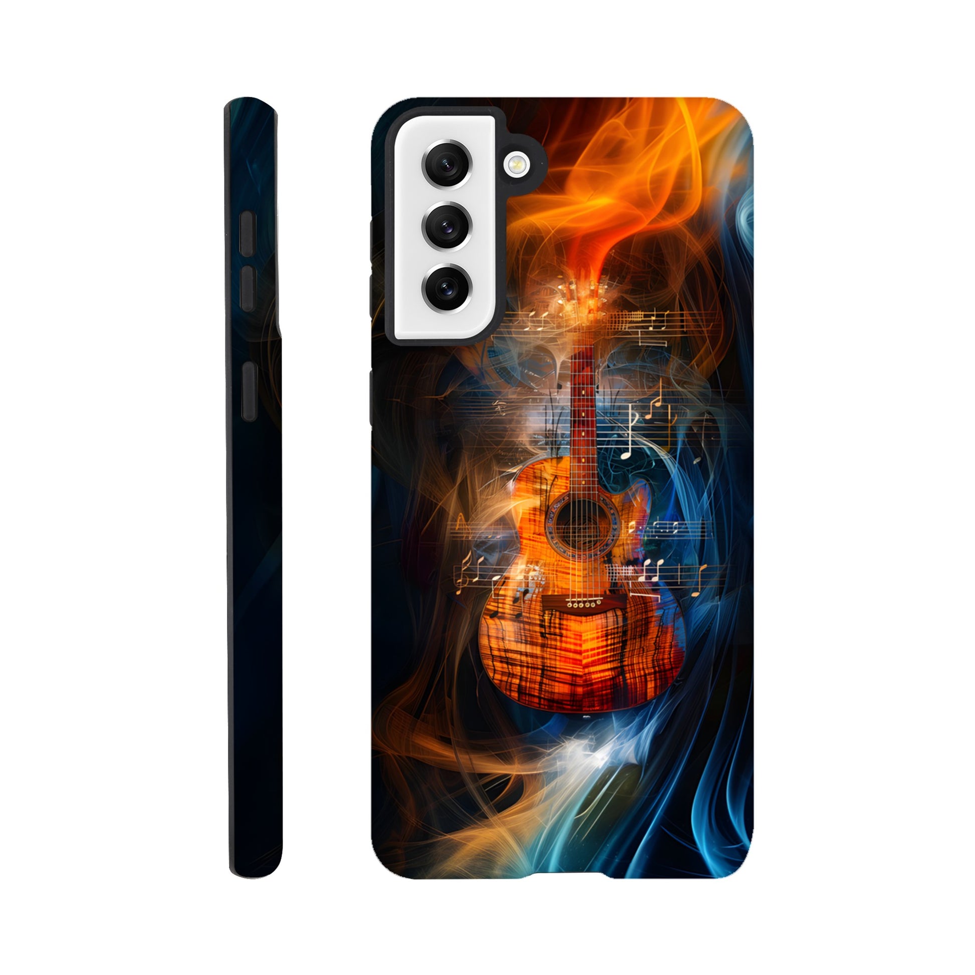 A Samsung Galaxy S21 Plus Phone Case with the following design on it: A Koa Guitar with musical notes swirling around it, blue and red smoke swirling around both the Guitar and notes, in the style of a digital art, dark blue background, orange glow on guitar, symmetrical composition, high resolution, hyper realistic, high contrast, vibrant colors, detailed textures of wood and strings