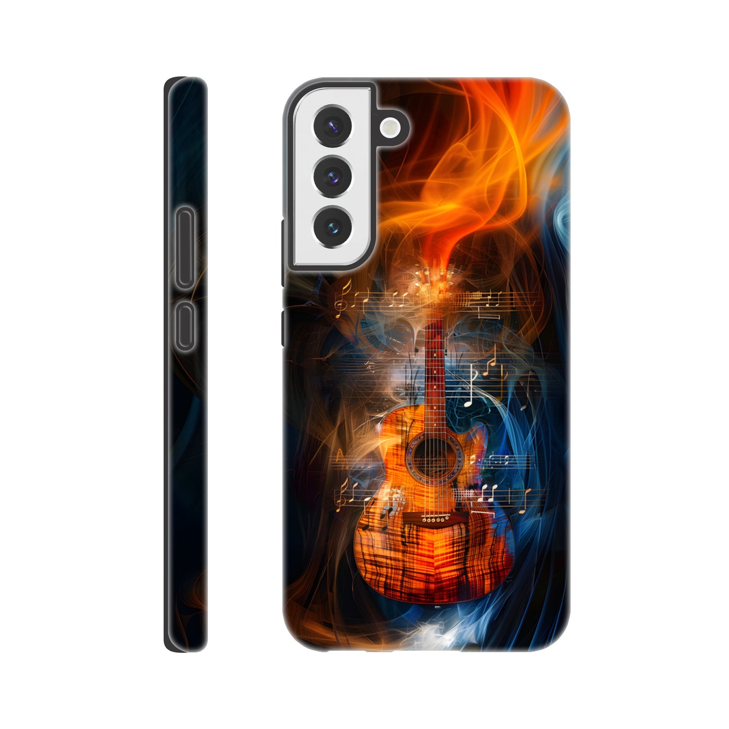 A Samsung Galaxy S22 Plus Phone Case with the following design on it: A Koa Guitar with musical notes swirling around it, blue and red smoke swirling around both the Guitar and notes, in the style of a digital art, dark blue background, orange glow on guitar, symmetrical composition, high resolution, hyper realistic, high contrast, vibrant colors, detailed textures of wood and strings