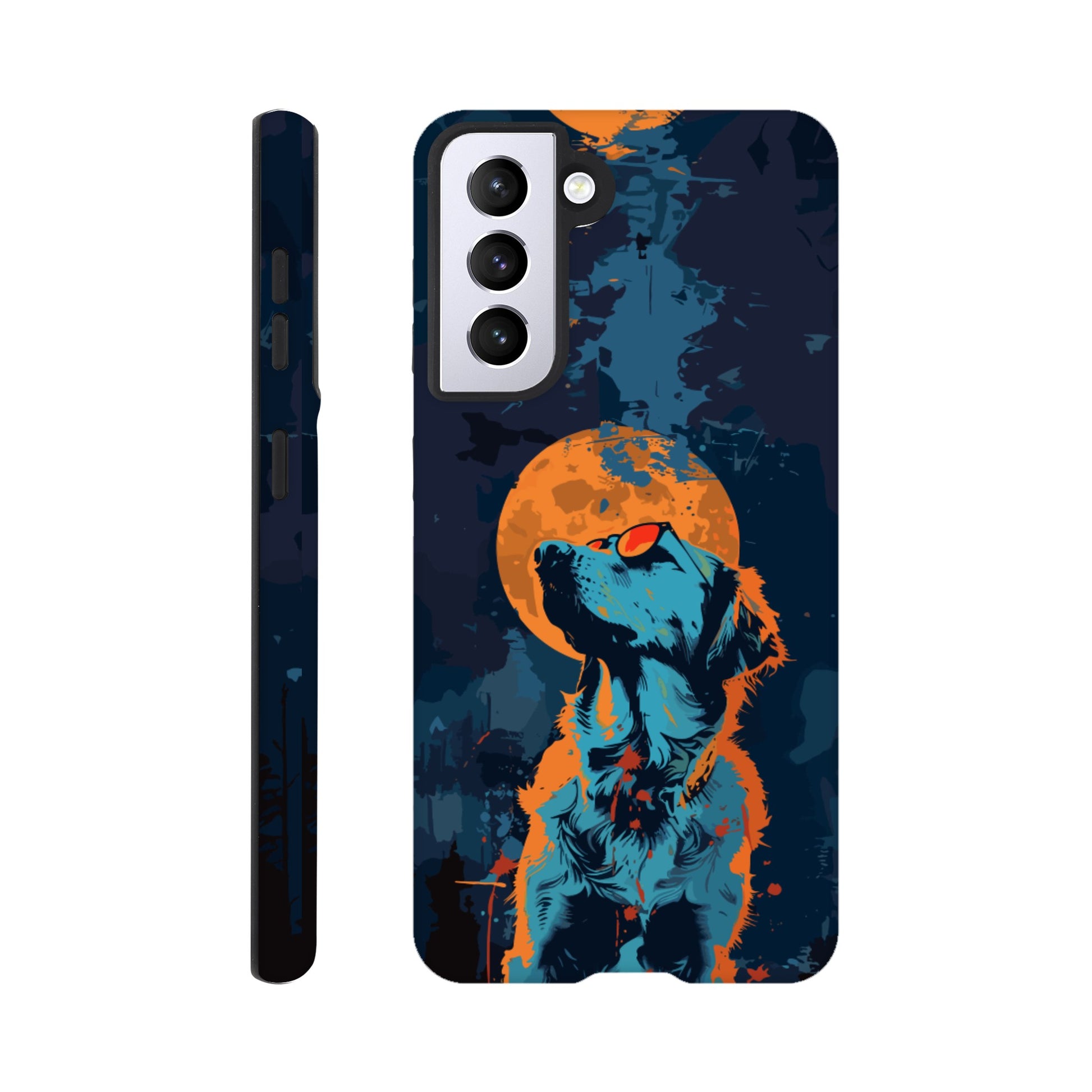 A Samsung Galaxy S21 Phone Case with the following design on it - A golden retriever dog with the moon behind it in a blue and orange color scheme, a night forest background, flat vector art with dark blue and light amber colors, a cyberpunk aesthetic 