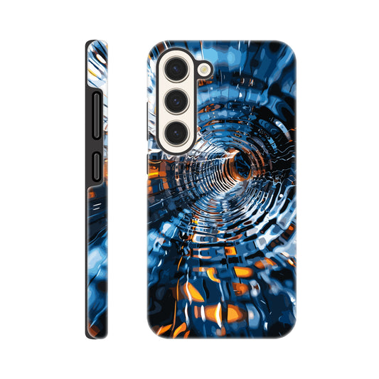 A Samsung Galaxy S23 Phone Case with the following design on it: abstract futuristic tunnel made of chrome and glass, motion blur, dark blue background, orange highlights. The tunnel was created in the style of an abstract futuristic design using chrome and glass with a motion blur effect against a dark blue background highlighted with orange