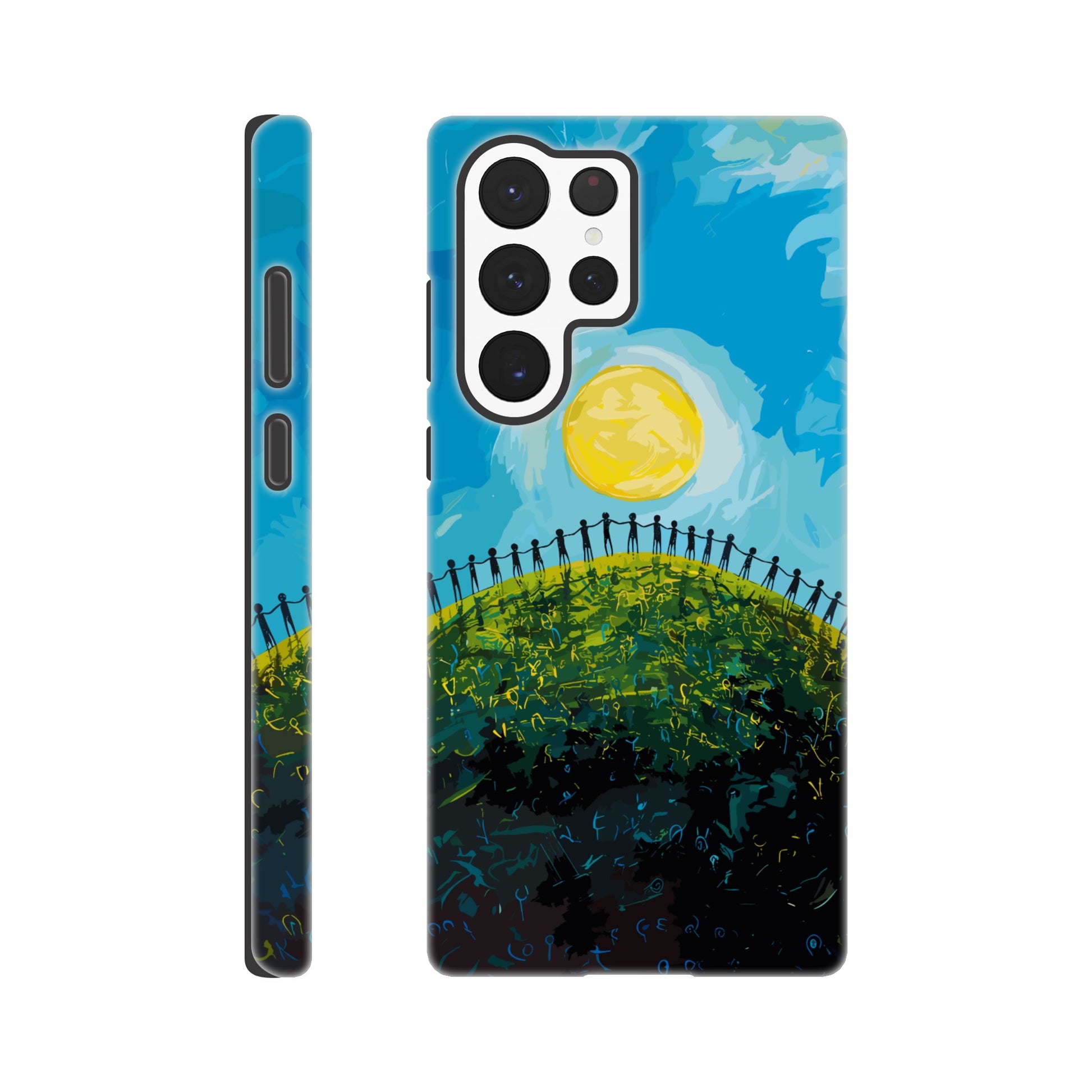 A Samsung Galaxy S22 Ultra Phone Case with the following design on it : a large group of dozens of non distinct human forms holding hands under a bright sun on a beautiful green hill with a beautiful blue sky above, pop art