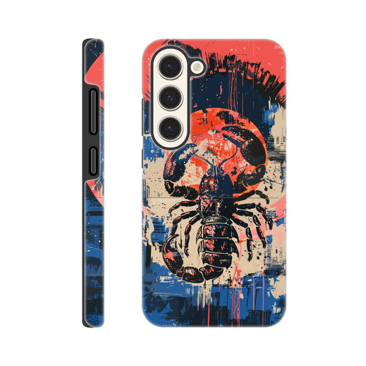 A Samsung Galaxy S23 Phone Case with the following design on it : A painting of a Scorpio with red accents, the Scorpio is the symbol for the astrological sign Scorpio, the Scorpio is positioned in the center against abstract blue and white brushstrokes, within a pink circle. The artwork has a splattered, chaotic background.