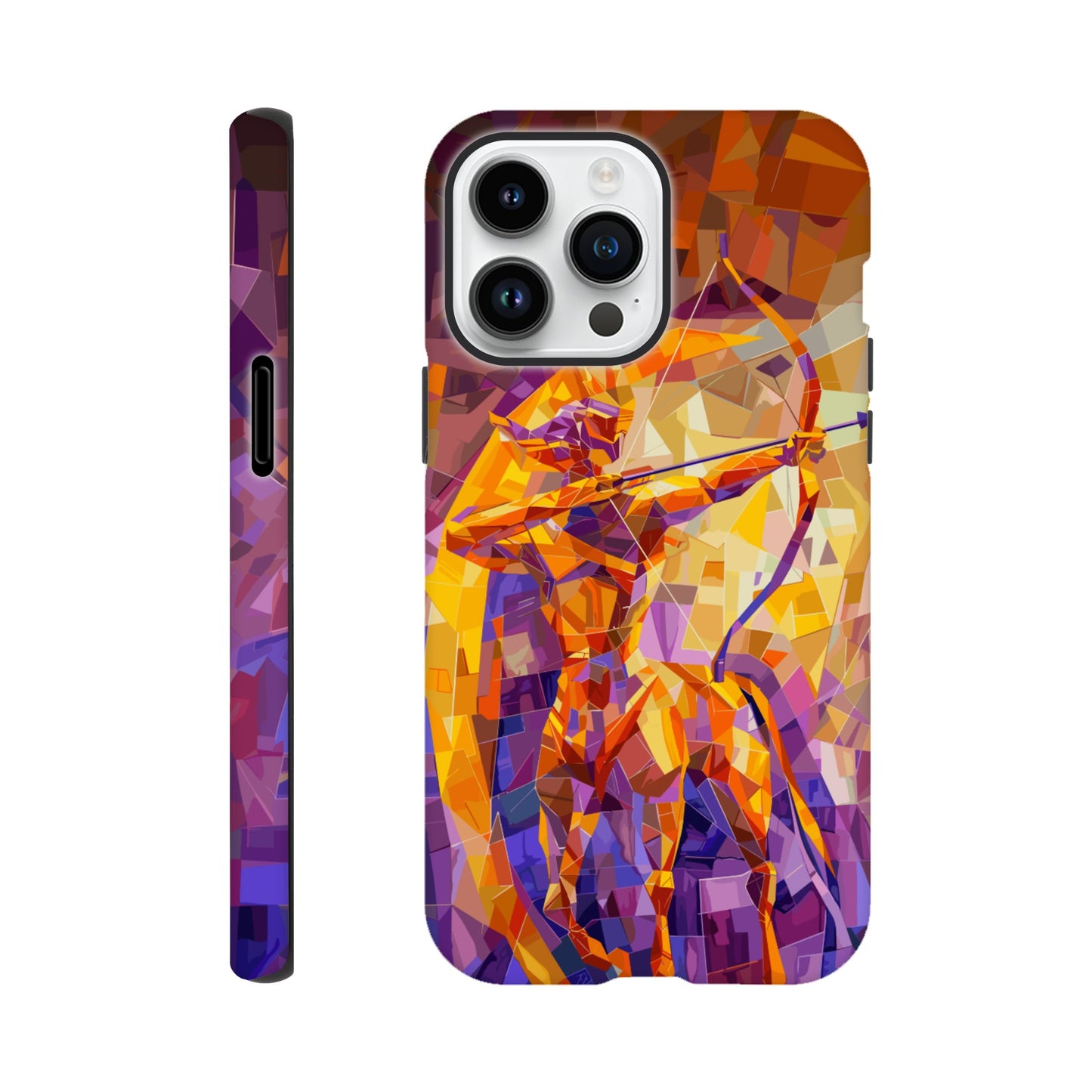 An Apple iPhone 14 Pro Max Phone Case with the following design on it: A centaur- the half man half horse archer and symbol of the astrological sign Sagittarius, the character is imagined through an artist who is adept at the artistic style of cubism, orange, purple, yellow