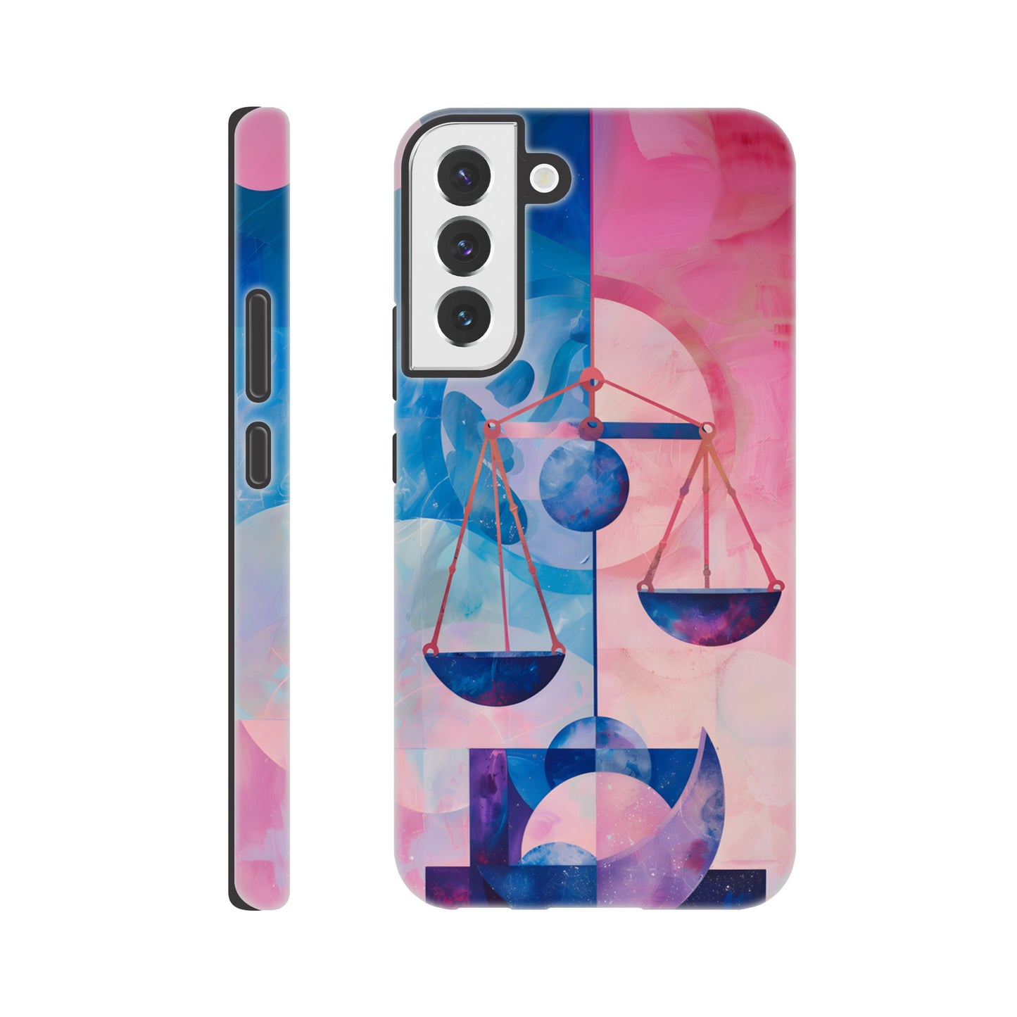 A Samsung Galaxy S22 Plus Phone Case with the following design on it : The Zodiac symbol for Libra, scales of justice theme, planet Venus in the background, Bauhaus style, royal blue, light pink