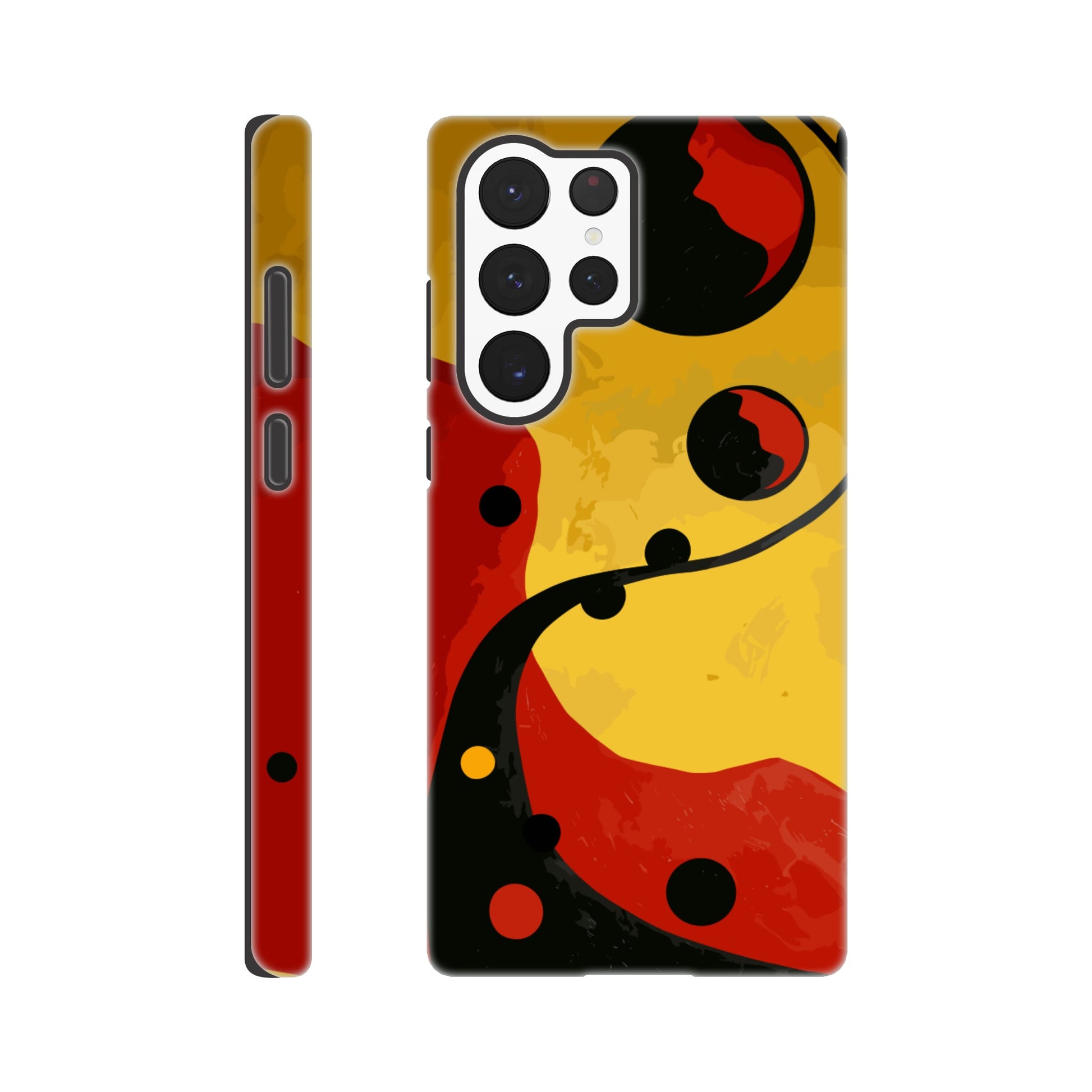 A Samsung Galaxy S22 Ultra Phone Case with the following design on it - Abstract painting of yellow, red and black dots on the wall in an art deco style. The background is a dark gradient from light to deep yellow. In the foreground there's a swirl with three circles that resemble multiple shapes within each other, giving it depth. It has organic curves but also geometric elements.